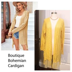New! Womans Bohemian Knit Cardigan Gold Crochet Tassel Long Sleeve Loose Sweater